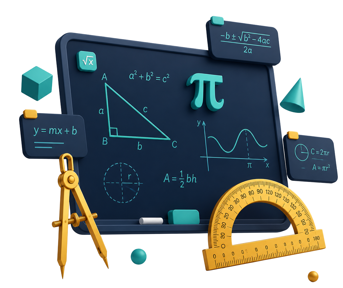 Mathematics illustration with a chalkboard, geometry instruments and formulas